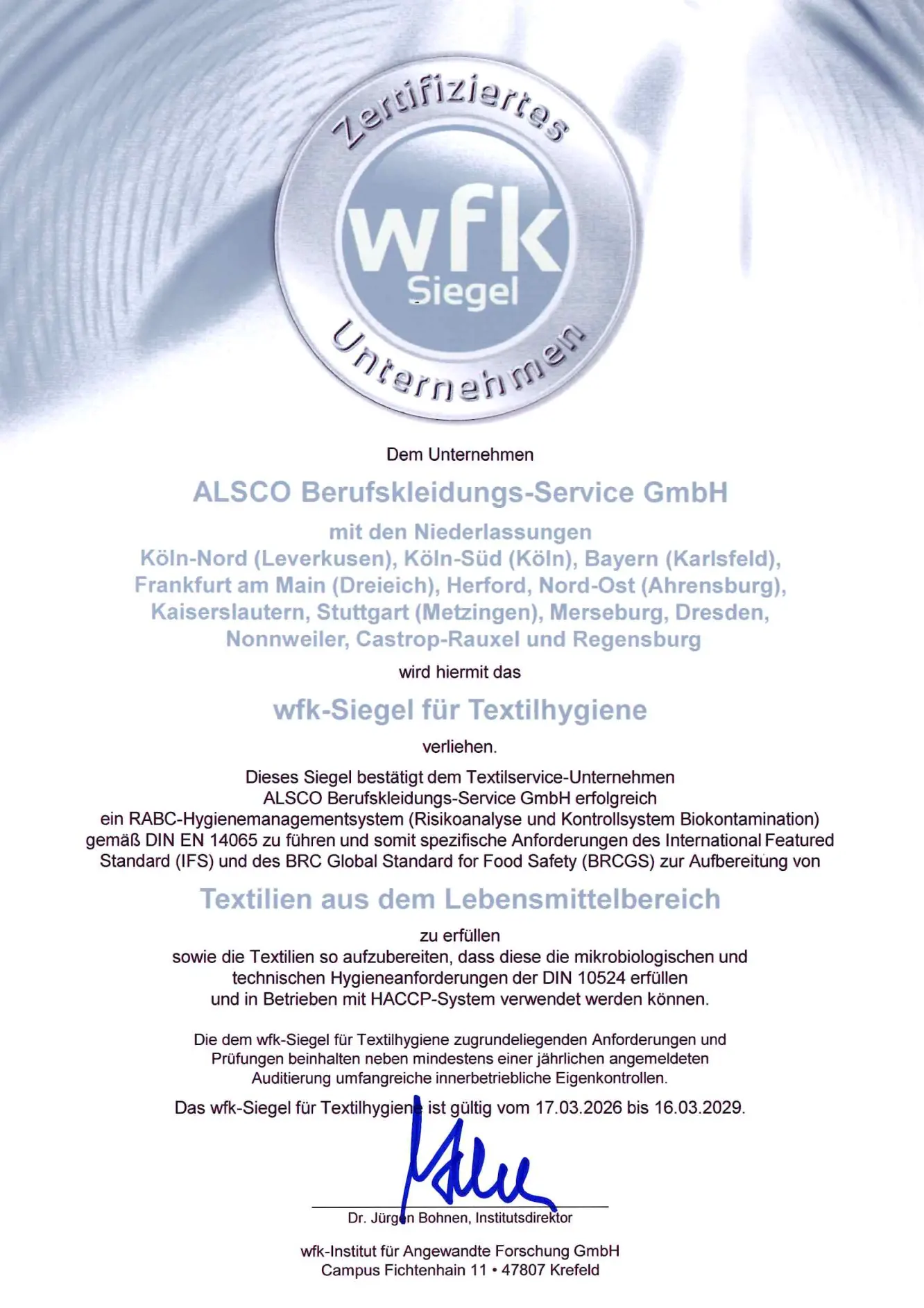 WFK Siegel Textilhygiene und Lebensmittel Sammelzertifikat