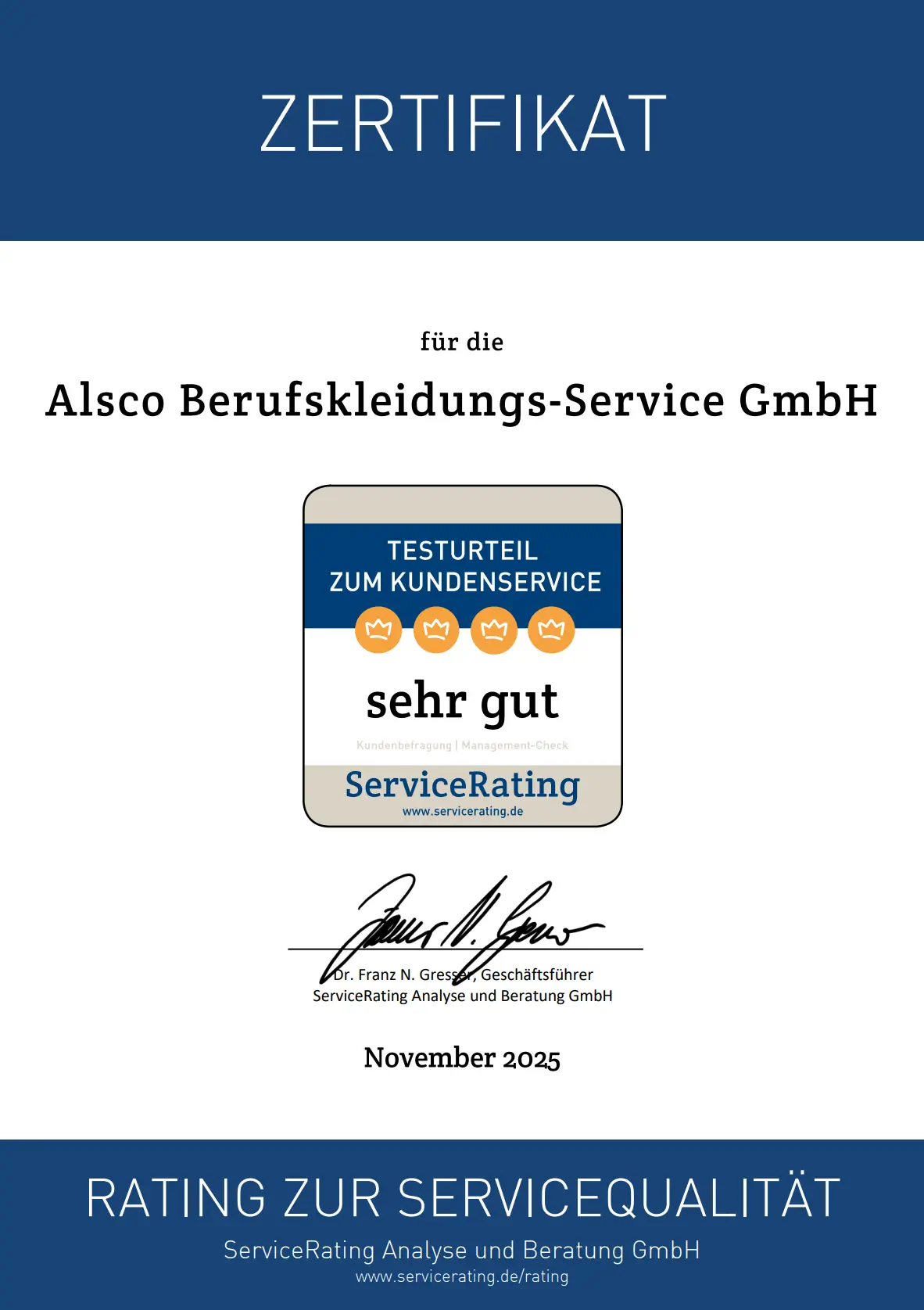 Alsco Service-Rating-Zertifikat 2025