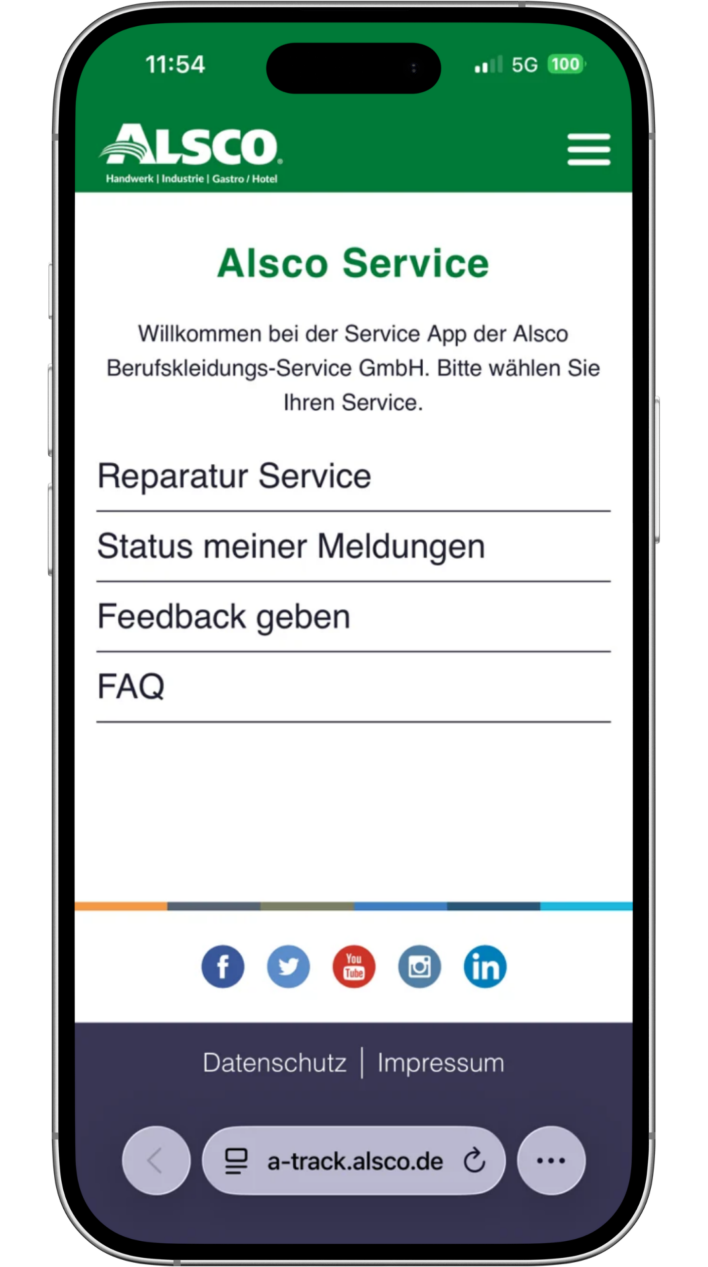 Screenshot der Alsco Service App